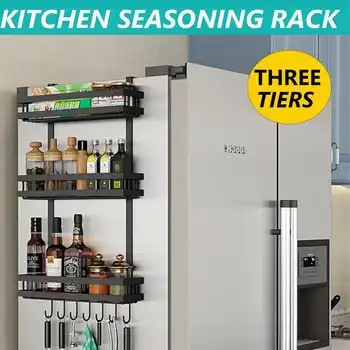 3-уровневый стеллаж для хранения холодильника, Полка для холодильника, многофункциональный подвесной держатель на боковой стенке, Органайзер для кухонных приправ, подвесная полка