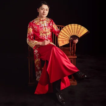 Свадебное платье жениха в китайском стиле, винтажное мужское свадебное платье Ципао с вышивкой дракона, свадебный костюм Тан, одежда китайская одежда