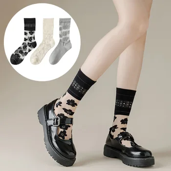 Летние женские носки со средней трубкой, Дышащие Крутые носки, Милые Прозрачные Кружевные Шелковые туфли с цветочным принтом, модные кавайные Лолита Сокс