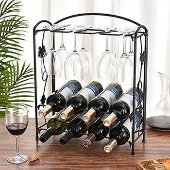 Металлический Винный стеллаж для плоских винных бутылок, настольный держатель со стеклянным держателем для 4 или 8 бокалов, Напольный Черный