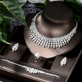 HIBRIDE сверкающий Новый дизайн, 4 шт., свадебное ожерелье с кубическим цирконием AAA, комплект ювелирных изделий, комплект украшений для вечеринки, подарки N-1269