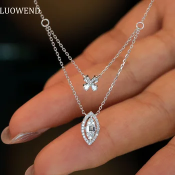 Ожерелье из белого золота 18 Карат LUOWEND Романтический дизайн двойной подвески с настоящими натуральными бриллиантами Ожерелье для женщин Модные ювелирные изделия подарок
