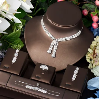 HIBRIDE Африканское Дубайское кубическое циркониевое свадебное ожерелье с подвесками, роскошные ювелирные наборы для невест, аксессуары для платья N-153