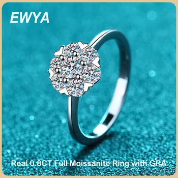 Кольцо с Муассанитом EWYA Real 0.8CT Flower Full Moissanite для женщин, S925, Посеребренные Кольца из белого золота 18 Карат с бриллиантами, Обручальное кольцо