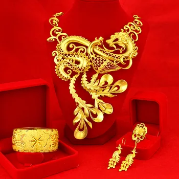 Новый золотой свадебный полый набор, покрытый 24-каратным золотом, золотой браслет с драконом и фениксом, ушной крючок феникса, цветочное кольцо, свадебные украшения