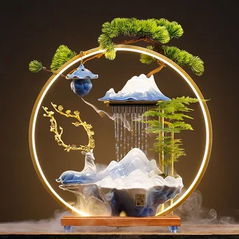 Настольный Счастливый Олень Поворачивает Поток Фонтанов Водопад с Туманом LED Внутренняя Вода для Медитации Благовония Фэн-Шуй Украшения