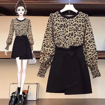  Женский осенний костюм 2021, Женский модный топ с леопардовым принтом + Черная юбка-трапеция, костюм-двойка