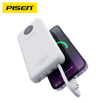 PISEN Power Bank емкостью 10000 мАч для iPhone 13 12 14 Mini Pro Max Портативный внешний аккумулятор для Xiaomi Samsung Powerbank с 4 кабелями