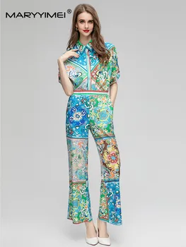 MARYYIMEI/ летний женский модный костюм, расшитый бисером, рубашка с отложным воротником + скручивающиеся брюки, комплект из двух предметов с принтом High Street