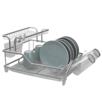 Двухъярусная алюминиевая подставка для посуды Michael Grave с мягкими на ощупь противоскользящими ножками и съемным держателем для посуды, серый