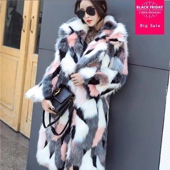 Зимнее женское пальто, парки из искусственного лисьего меха, пальто с длинными рукавами в стиле пэчворк, женское пальто из искусственного меха, тонкая повседневная верхняя одежда L1559
