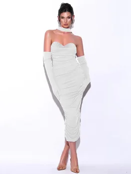 2023 Laura Kors Летнее Женское Сексуальное Облегающее платье Миди с рюшами на бретелях, Элегантное Вечернее клубное платье