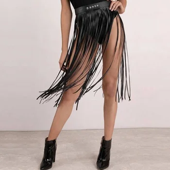 Женская Юбка из искусственной кожи с высокой талией и кисточками, Обвязка для тела, Клубная одежда для панк-вечеринок