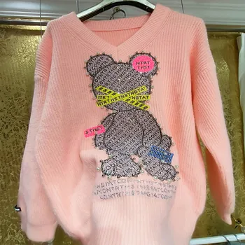 Модный вязаный свитер со стразами, Женские осенне-зимние утепленные Свободные пуловеры с рисунком Медвежонка тяжелой промышленности