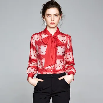 Сексуальная Красная Блузка, Женская Модная Сорочка с бантиком-бабочкой, женские блузки в клетку, Модные Офисные Женские Блузки, Рубашки