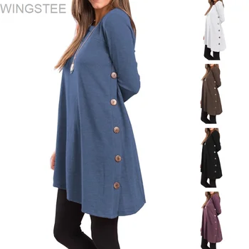 2023 Женская туника-рубашка с длинным рукавом и пуговицами сбоку, Зимние осенние Свободные платья