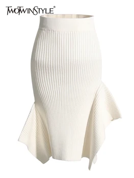 TWOTWINSTYLE Минималистичные юбки для женщин С высокой талией, в стиле пэчворк, с оборками, нерегулярная повседневная юбка длиной до колен, Женская модная одежда