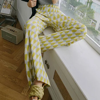 Желтые широкие брюки с бриллиантами, плиссированные новые брюки с высокой талией, свободные прямые брюки-труба с контрастным цветовым принтом