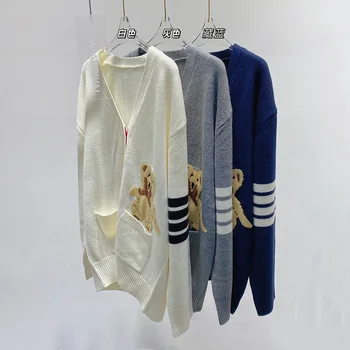 Высококачественный вязаный кардиган в корейском стиле, женская одежда на осень, Новый Свободный свитер средней длины с милым медведем, куртка, Топ-тренд