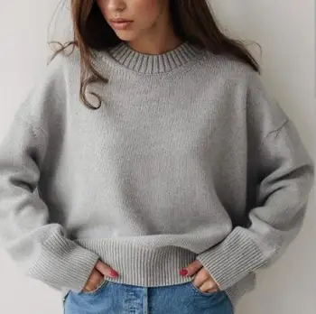 2021, Осенне-зимний Новый пуловер, Женский однотонный Классический вязаный Повседневный пуловер с темпераментом, Прямой свитер