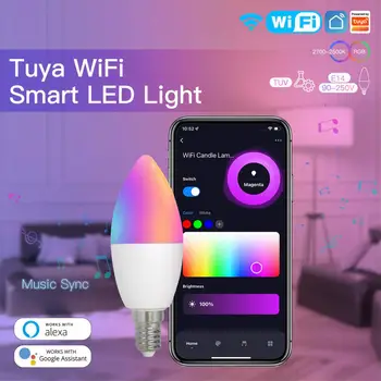 Tuya WiFi Smart Bulb E14 RGB LED Лампочка С регулируемой яркостью, Таймер, Умная сцена, Умная Жизнь, дистанционное управление через Alexa Google Home Alice