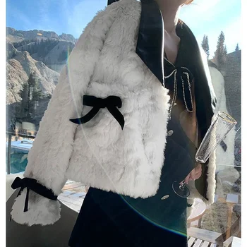 Зимнее Теплое Пальто из искусственного Меха, Женское Лоскутное Элегантное Толстое Флисовое пальто, Женская Корейская Мода, Дизайнерское Шерстяное короткое пальто с бантом 2022