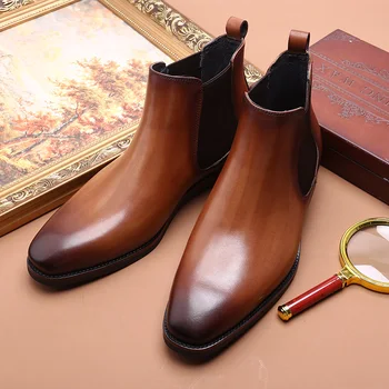 Новые Кожаные ботинки в деловом стиле в британском стиле Ретро, Заостренные ботинки Челси ручной работы, мужская обувь для пожилых людей