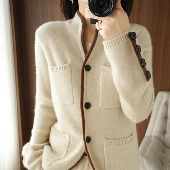 Европейский и американский тренд, модное высококачественное женское пальто, свитер с длинным рукавом, вязаный свитер из 100% кашемировой шерсти, однотонный кардиг