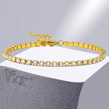 Vnox Сверкающие браслеты-цепочки с кубическим цирконием AAA для женщин, ювелирные изделия для вечеринок, Золотое звено на запястье из нержавеющей стали, регулируемое