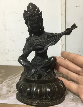 19 см Изысканные старинные бронзовые статуи Будды Пипа Гуаньинь