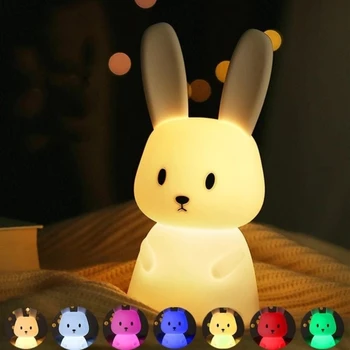 Светодиодный ночник с милым кроликом, мультяшным животным, Силиконовая лампа с регулируемой яркостью, USB Перезаряжаемая Для детей, подарок для детской спальни, светильник для сна
