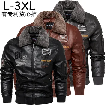 Мужская винтажная мотоциклетная куртка с вышивкой, Съемный меховой воротник, байкерские куртки из искусственной кожи, зимнее флисовое пальто-бомбер, мужское пальто
