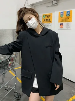 Черные Уличные Свободные куртки-пуловеры с капюшоном, женские эстетичные пальто с нерегулярным разрезом Y2k, корейские шикарные универсальные блейзеры в стиле Гранж
