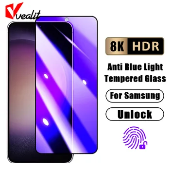 Полное покрытие из закаленного стекла с защитой от синего света для Samsung Galaxy S23 S22 S21 Plus, защитные пленки для разблокировки экрана по отпечаткам пальцев