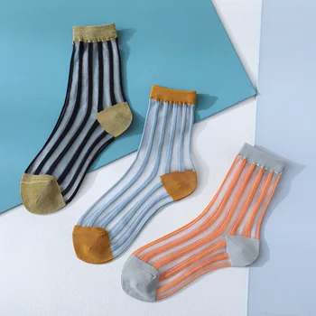 Новые модные полосатые жаккардовые прозрачные носки, Женские летние японские ультратонкие крутые Короткие шелковые носки для девочек Skarpetki