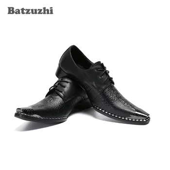 Batzuzhi/ Черные кожаные модельные туфли в деловом стиле на шнуровке, Вечерние кожаные модельные туфли на плоской подошве, Chaussures Hommes, большие размеры US6-12, EU38-46
