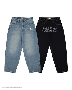 Джинсы с буквенным принтом, мужские модные прямые повседневные брюки в стиле хип-хоп, свободные мужские и женские уличные брюки Y2K в американском стиле