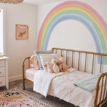 Большие акварельные радужные наклейки на стену для детских комнат, Гигантские детские радужные наклейки на стену, пастельные радужные наклейки в стиле Бохо