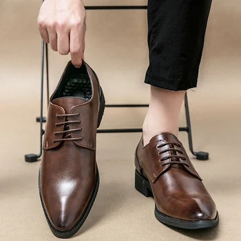 Новый стиль, кожаные туфли с острым носком, мужские деловые повседневные модельные туфли-дерби высокого качества