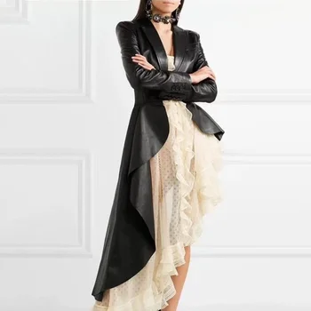 Готические пальто из искусственной кожи 2023, весенний кардиган с поясом, женская мода, нерегулярная однотонная верхняя одежда, повседневные куртки с лацканами в стиле панк, уличные