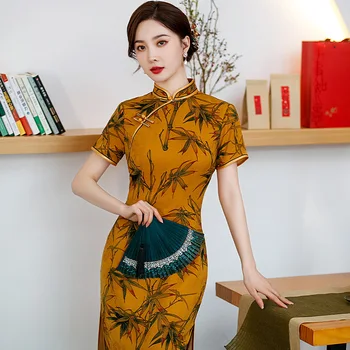 2023 Весна и осень, Новый Чонсам с разрезом средней длины, Улучшенный китайский стиль, Тонкое платье в классическом стиле, вечернее платье