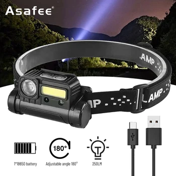 Налобный фонарь Asafee с сильным светочувствительностью LED + COB с магнитом, USB-зарядка, мини-рабочий фонарь