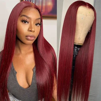 Бордовые парики из человеческих волос 99J для женщин, парик из синтетических волос на кружеве 13x4, бесклеевой прямой парик Perruque Cheveux Humain, предварительно выщипанный