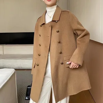 2023 Осень/Зима, Новое двустороннее женское кашемировое пальто в винтажном стиле, двубортное однотонное шерстяное пальто для женщин
