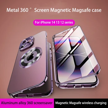 Для iPhone 12 13 14 Pro Max чехол 360 ° полноэкранный объектив Металлические магнитные чехлы Magsafe из алюминиевого сплава Защитная крышка из HD-стекла