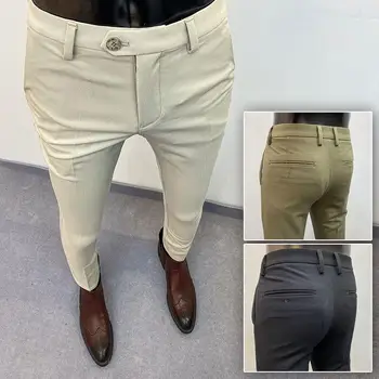 2022 Hombre, высококачественные мужские брюки, Деловое офисное платье, узкие брюки в полоску, обтягивающие Весенние новые однотонные костюмные брюки