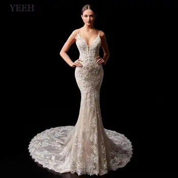 Да, Роскошные кружевные аппликации, свадебные платья Русалки, Сексуальное свадебное платье с V-образным вырезом и открытой спиной для женщин, 2023, Vestido De Novia со шлейфом