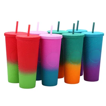Двухслойная пластиковая соломенная чашка, красочная уличная градиентная чашка большой емкости, креативные портативные чашки с дурианом