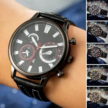 Мужские часы с круглым циферблатом на батарейках, высокоточные, износостойкие, из искусственной кожи, с функцией отображения календаря, кварцевые часы