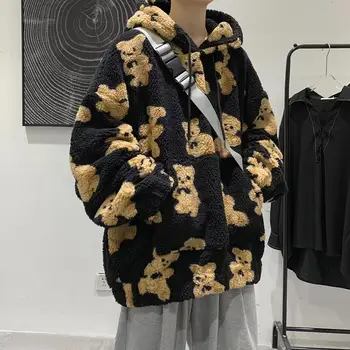 Y30Pexrozna Осенне-зимняя толстовка из овечьего флиса Мужская Куртка с капюшоном и медведем В Гонконгском стиле Свободная плотная одежда